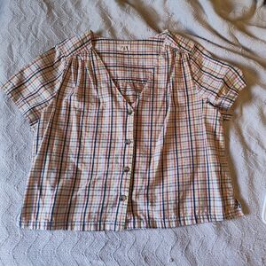 Plaid Button-Up Short Sleeve Top